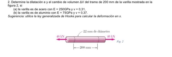 2. Determine la dilatación e y el cambio de volumen \( \Delta V \) del tramo de \( 200 \mathrm{~mm} \) de la varilla mostrada