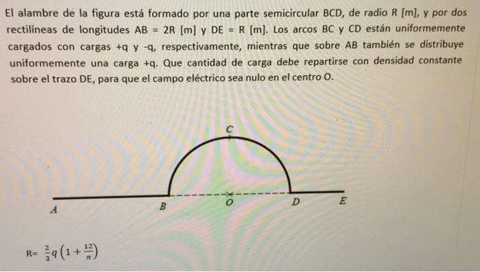 El alambre de la figura está formado por una parte semicircular \( B C D \), de radio \( R \) [m], y por dos rectilineas de l