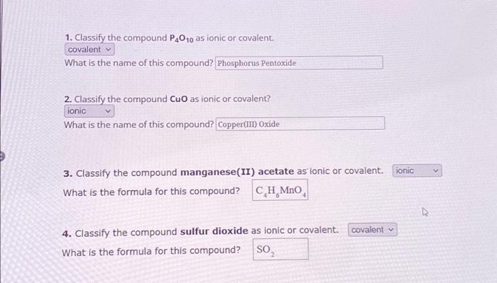 Solved 1 Classify The Compound P4010 As Ionic Or Covalent 2829