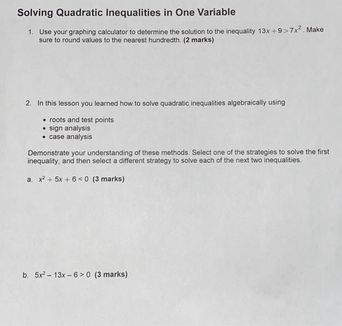 Solved Solving Quadratic Inequalities in One Variable 1. Use | Chegg.com