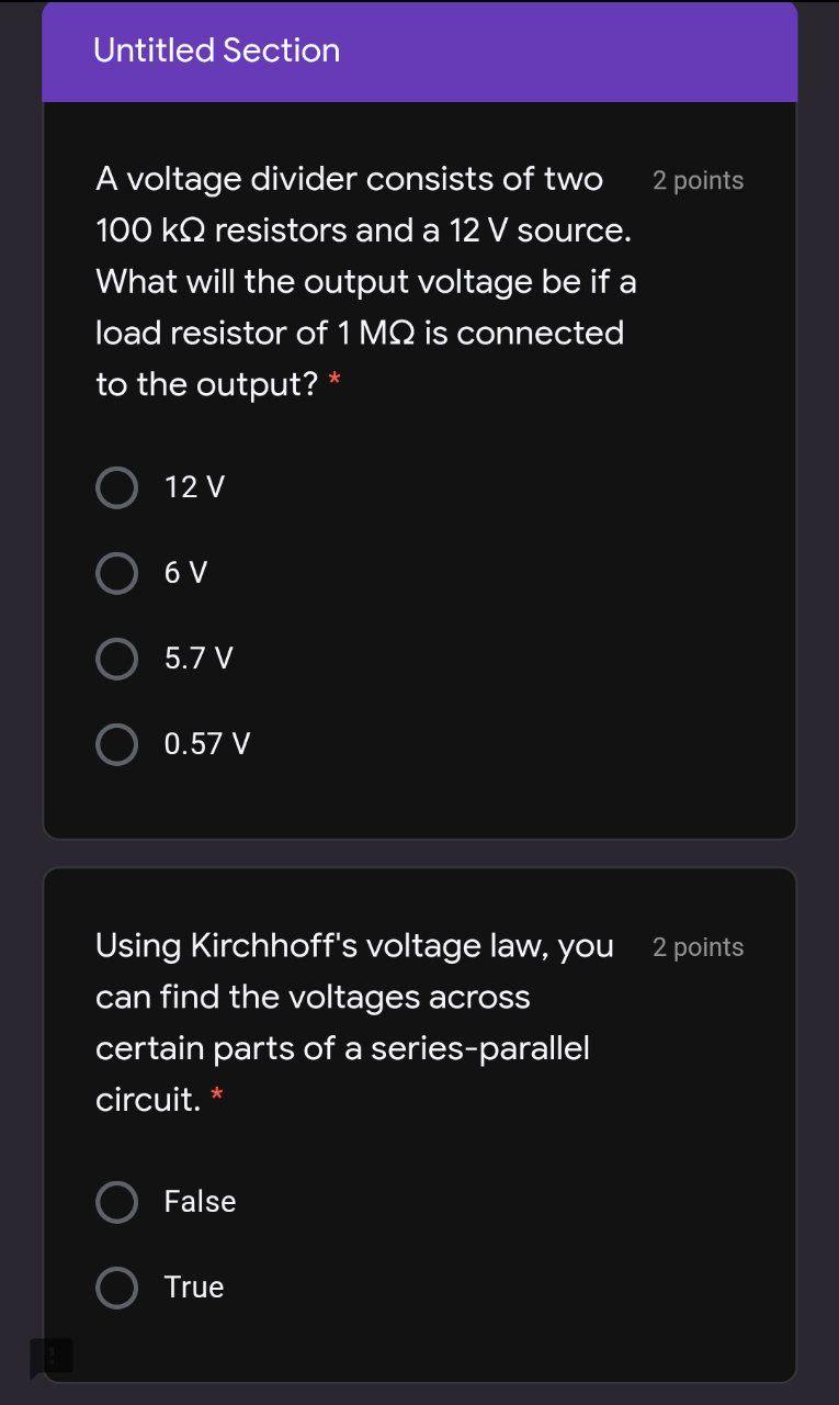 Solved Untitled Section 2 points A voltage divider consists | Chegg.com