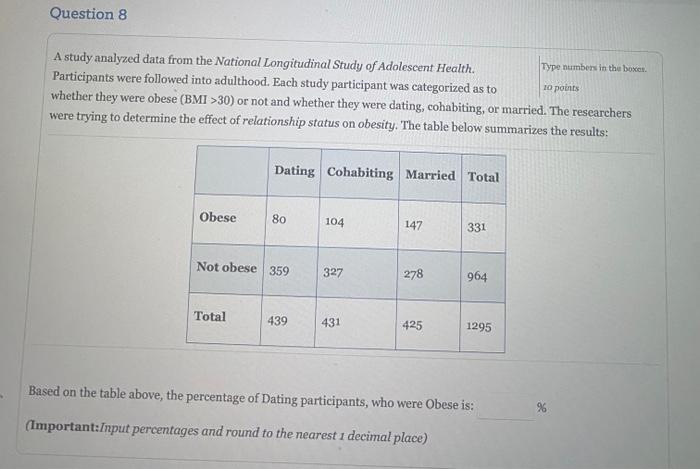 A study analyzed data from the National Longitudinal Study of Adolescent Health.
Type numbers in the boxes. Participants were