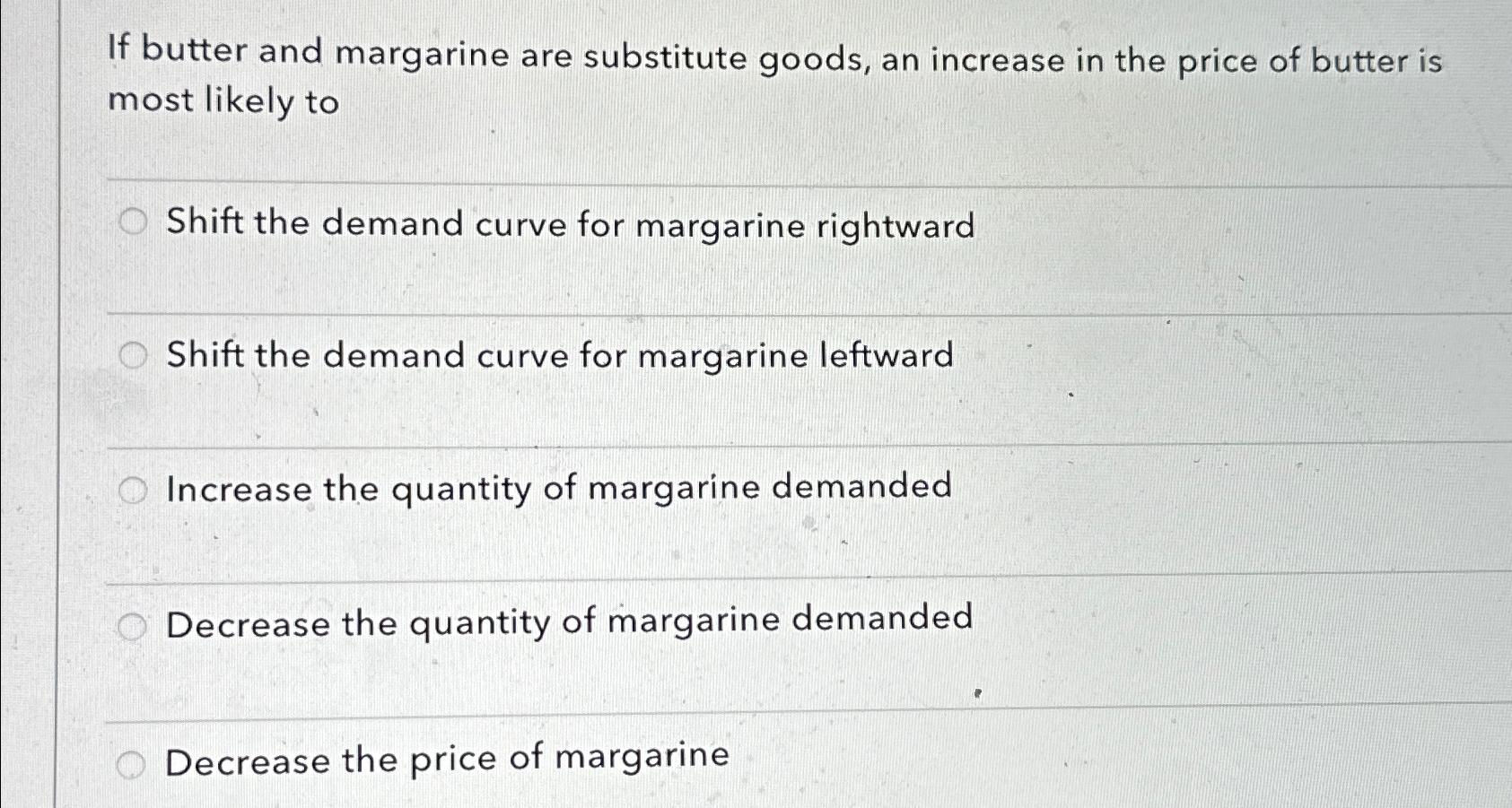 Solved If butter and margarine are substitute goods, an