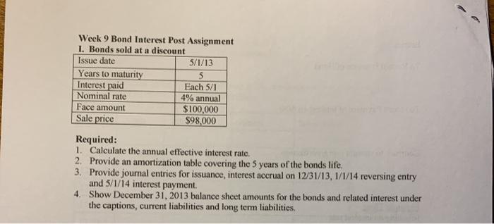 Solved Week 9 Bond Interest Post Assignment I Bonds Sold Chegg Com