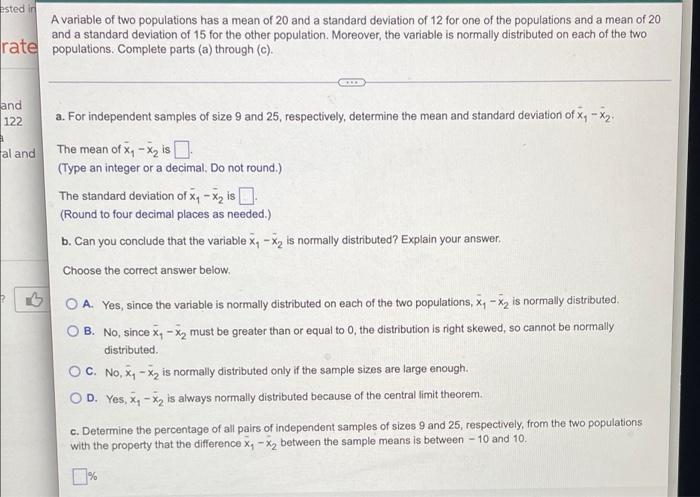 Solved Ested in A variable of two populations has a mean of | Chegg.com