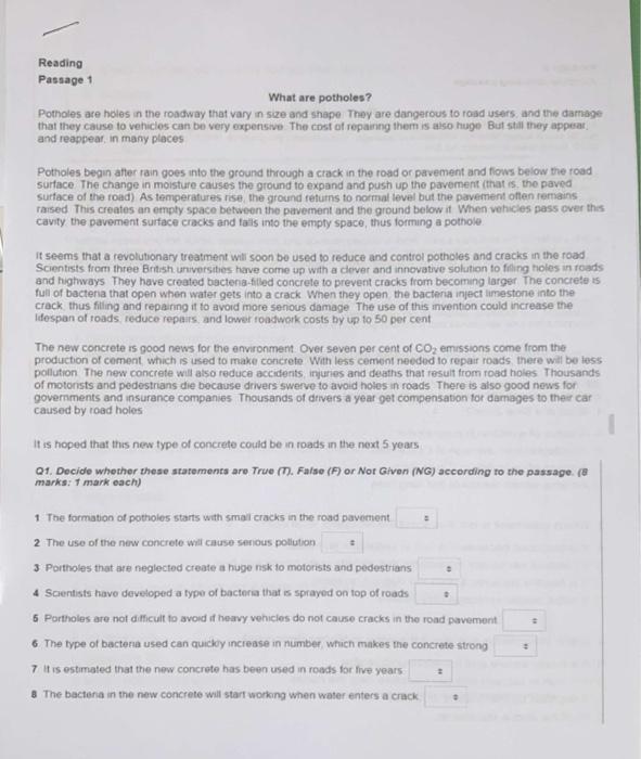 Reading Passage 1 What are potholes? Potholes are | Chegg.com
