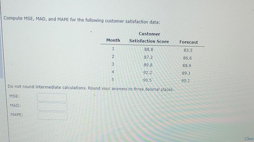 Compute MSE, MAD, and MAPE for the following customer | Chegg.com