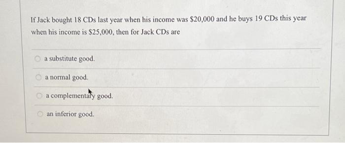 If Jack bought 18 CDs last year when his income was \( \$ 20,000 \) and he buys 19 CDs this year when his income is \( \$ 25,