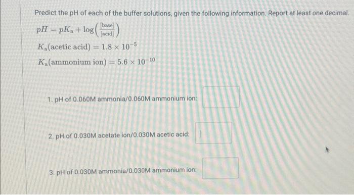 Solved Predict the pH of each of the buffer solutions, given | Chegg.com