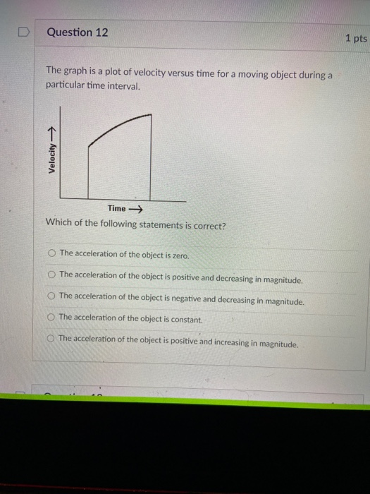 Solved Question 12 1 pts The graph is a plot of velocity | Chegg.com