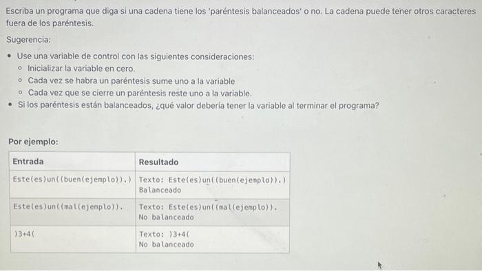 Escriba un programa que diga si una cadena tiene los paréntesis balanceados o no. La cadena puede tener otros caracteres fu