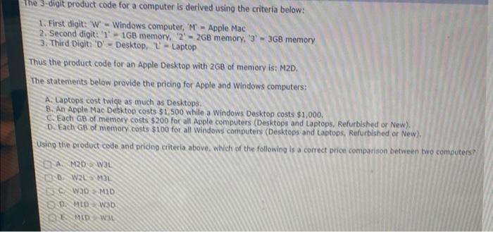 Solved The 3-digit product code for a computer is derived | Chegg.com