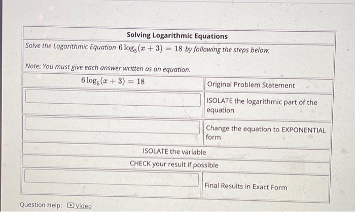 Solved Solving Logarithmic Equations Solve the Logarithmic | Chegg.com