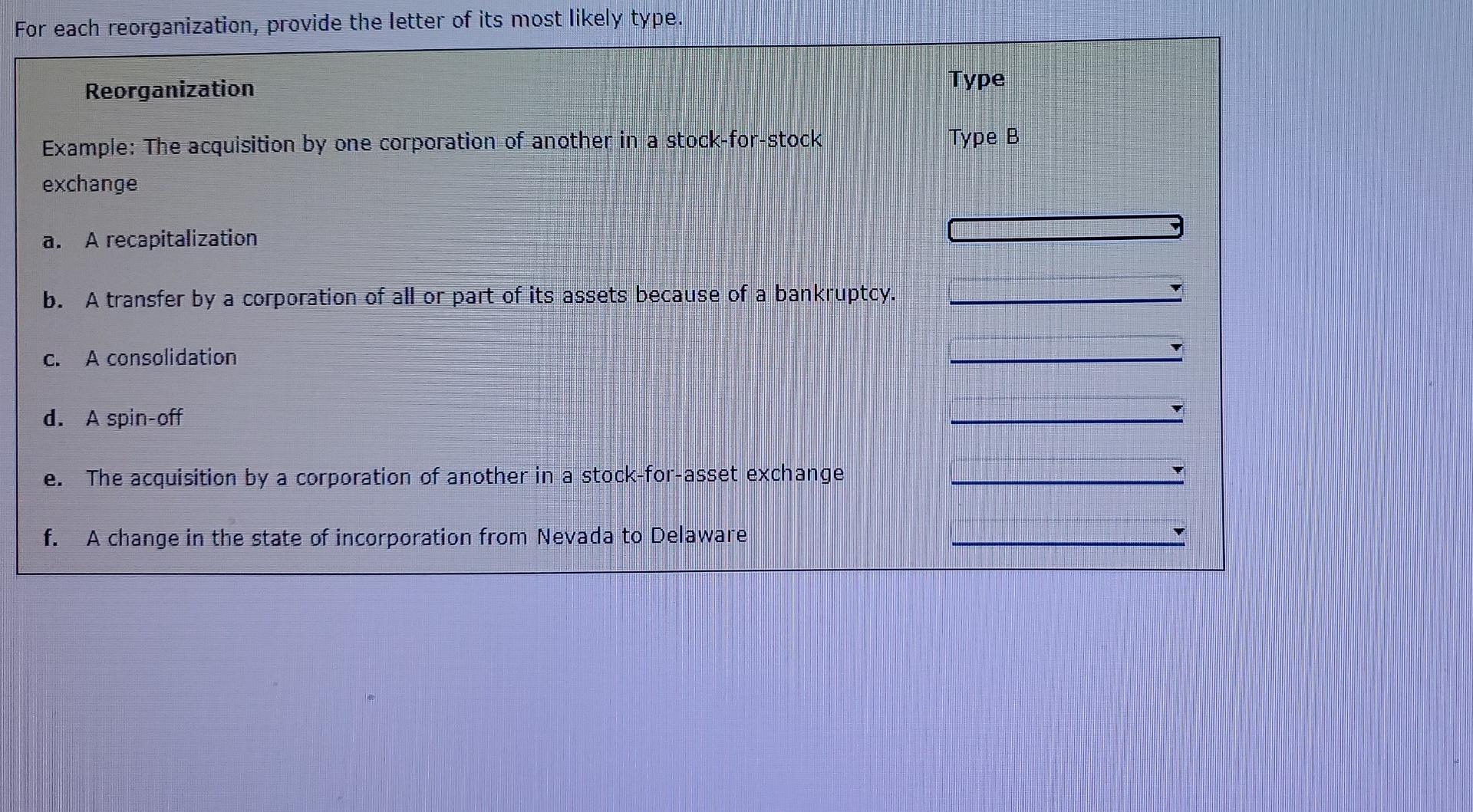 Solved For Each Reorganization, Provide The Letter Of Its | Chegg.com