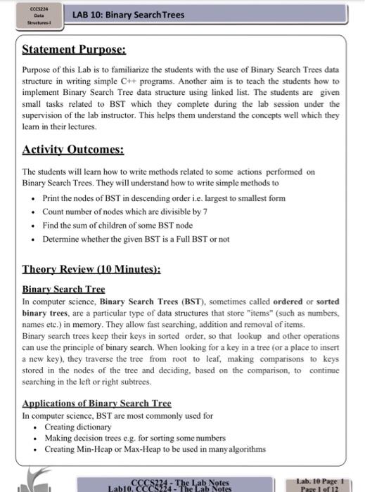 Solved C224 Data Structures LAB 10: Binary Search Trees | Chegg.com
