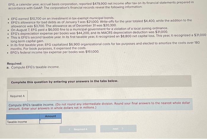 Solved EFG, a calendar year, accrual basis corporation, | Chegg.com