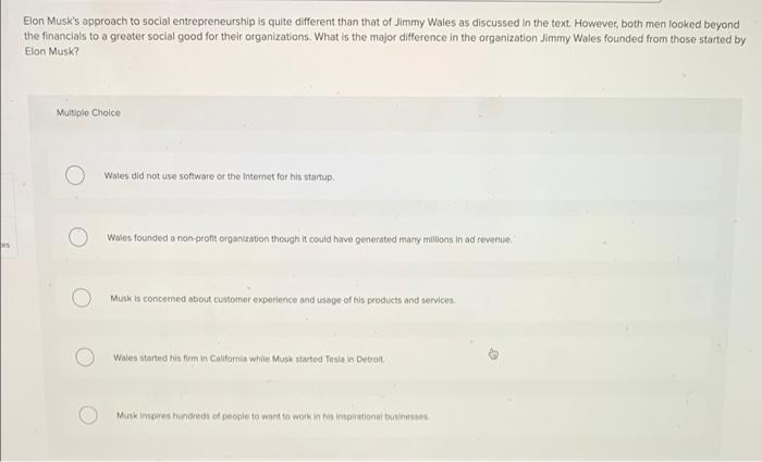 Solved Elon Musk's approach to social entrepreneurship is | Chegg.com