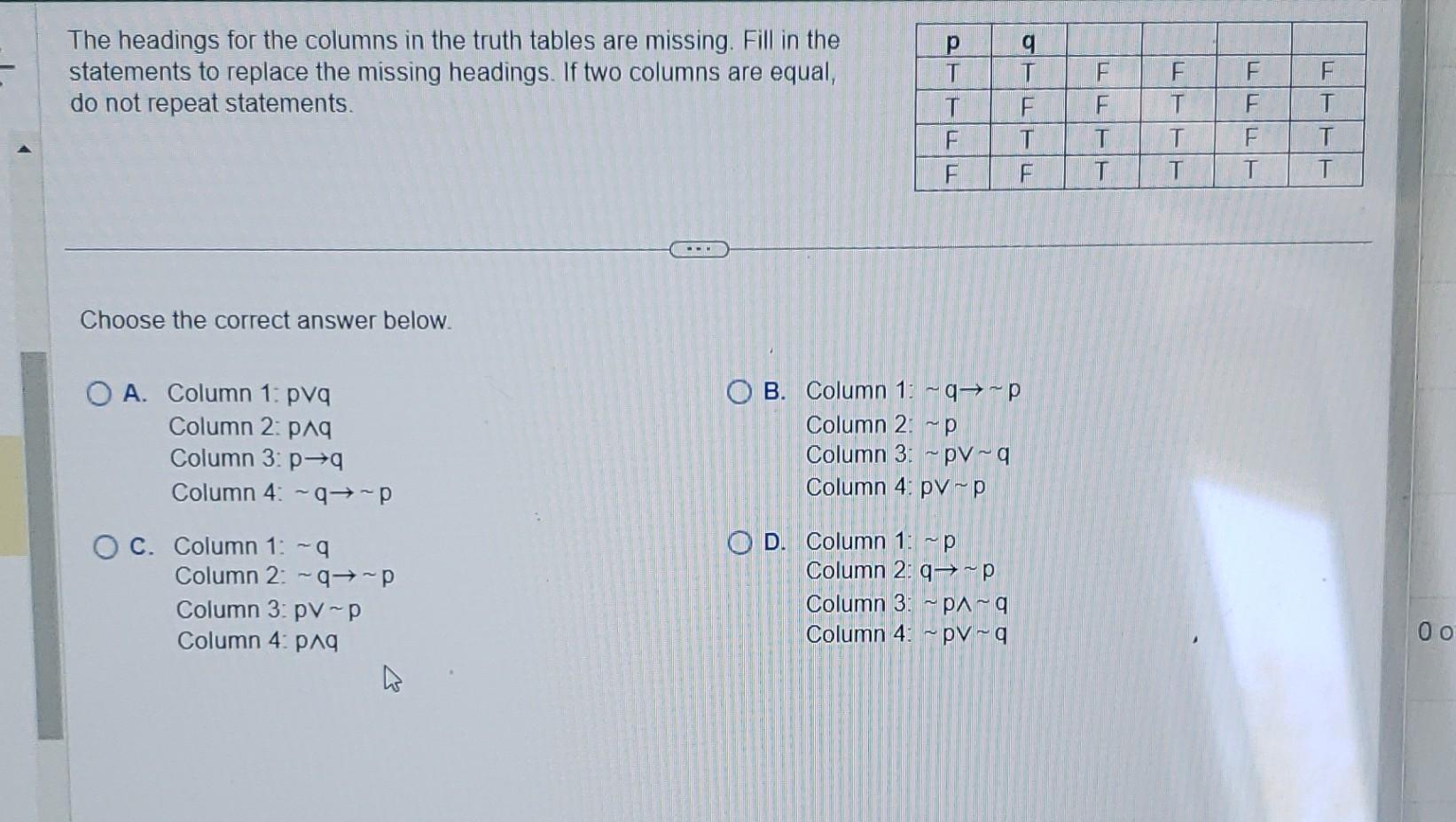 Solved The Headings For The Columns In The Truth Tables Are | Chegg.com