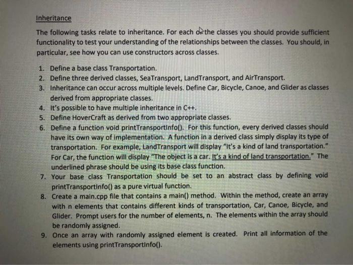 Solved Inheritance The following tasks relate to | Chegg.com