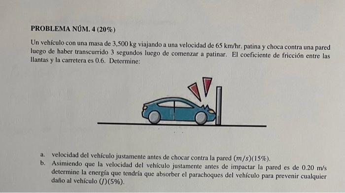 PROBLEMA NÚM. 4 (20\%) Un vehículo con una masa de \( 3,500 \mathrm{~kg} \) viajando a una velocidad de \( 65 \mathrm{~km} /