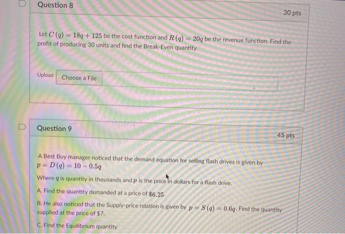 Solved Question 8 30 pts Let C(q) = 189 + 125 be the cost | Chegg.com