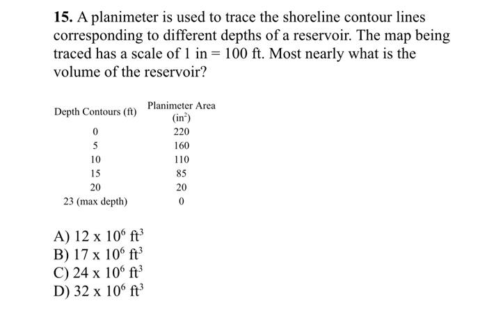 15. A planimeter is used to trace the shoreline contour lines corresponding to different depths of a reservoir. The map being