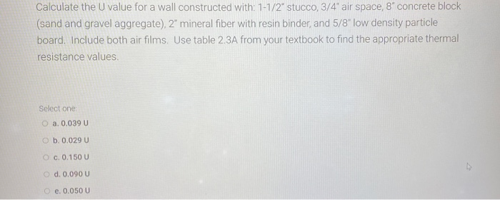 Solved Calculate the U value for a wall constructed with: | Chegg.com