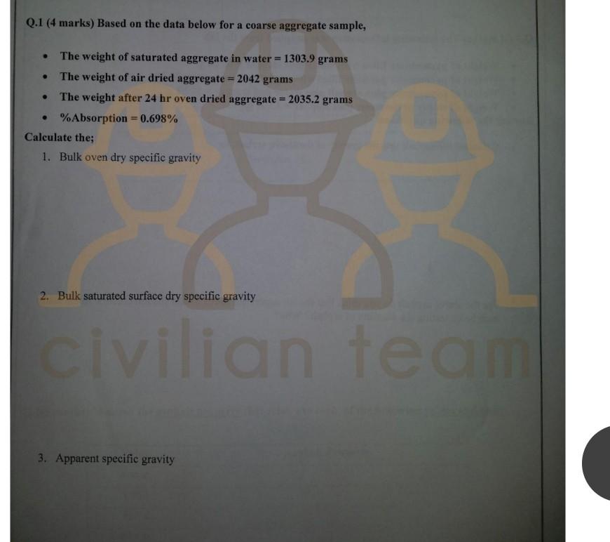 Q.1 (4 marks) Based on the data below for a coarse aggregate sample, . . . The weight of saturated aggregate in water = 1303.