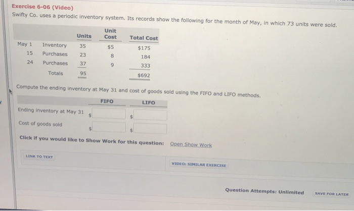 Solved Exercise 6-06 (Video) Swifty Co. uses a periodic | Chegg.com