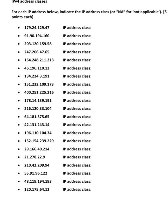 Solved For each IP address below, indicate the IP address | Chegg.com