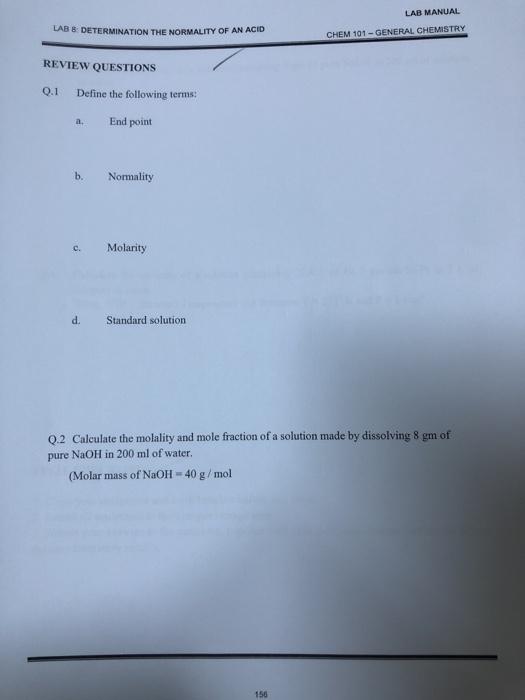Solved LAB MANUAL LAB 8 DETERMINATION THE NORMALITY OF AN | Chegg.com