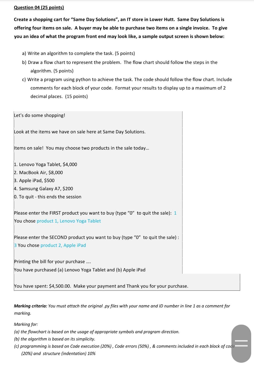Solved Question 04 ( 25 points) Create a shopping cart for | Chegg.com