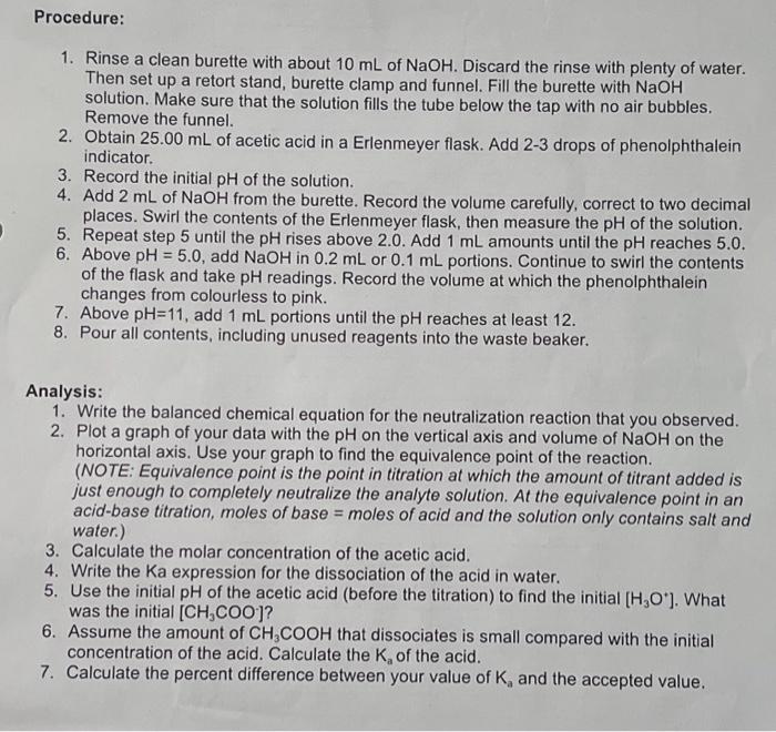 Solved Procedure 1. Rinse a clean burette with about 10 mL