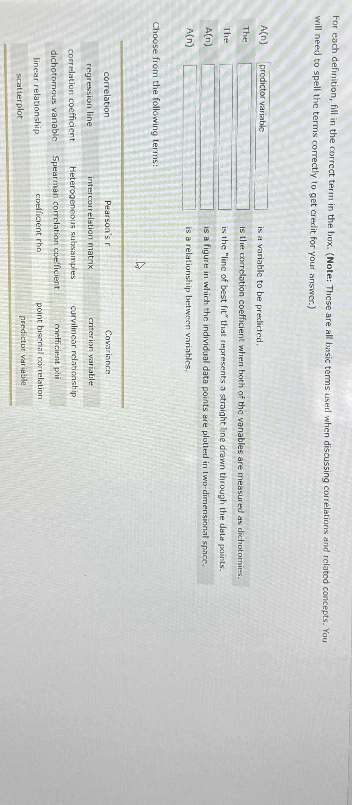Solved For each definition, fill in the correct term in the | Chegg.com