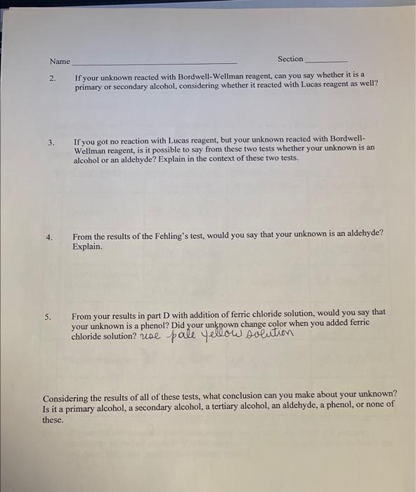 Solved Section Name Reactions of Alcohols, Phenols,