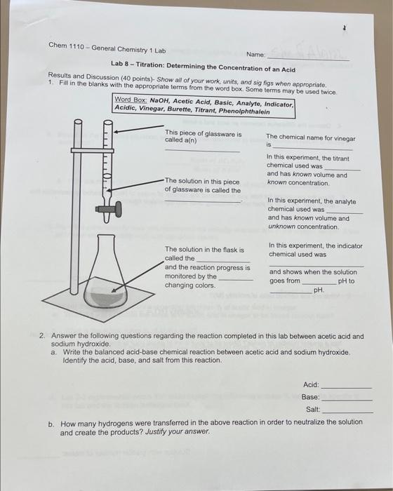 Lab 8 - Titration: Determining the Concentration of | Chegg.com