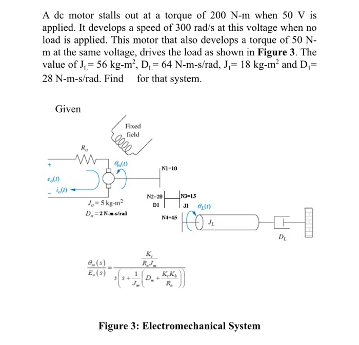 Solved A dc motor stalls out at a torque of 200 N-m when 50 | Chegg.com