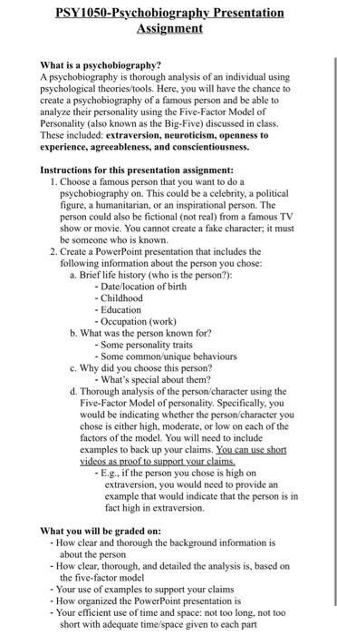 Solved PSY1050-Psychobiography Presentation Assignment What | Chegg.com