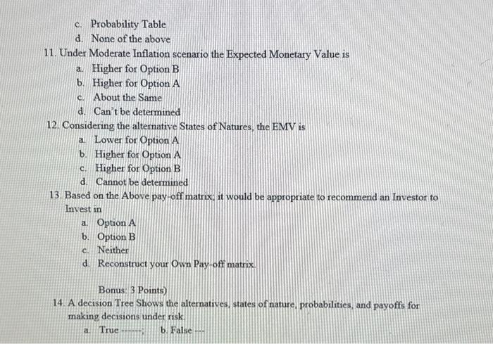 Solved Answer Questions 10−13 based on the following table: | Chegg.com