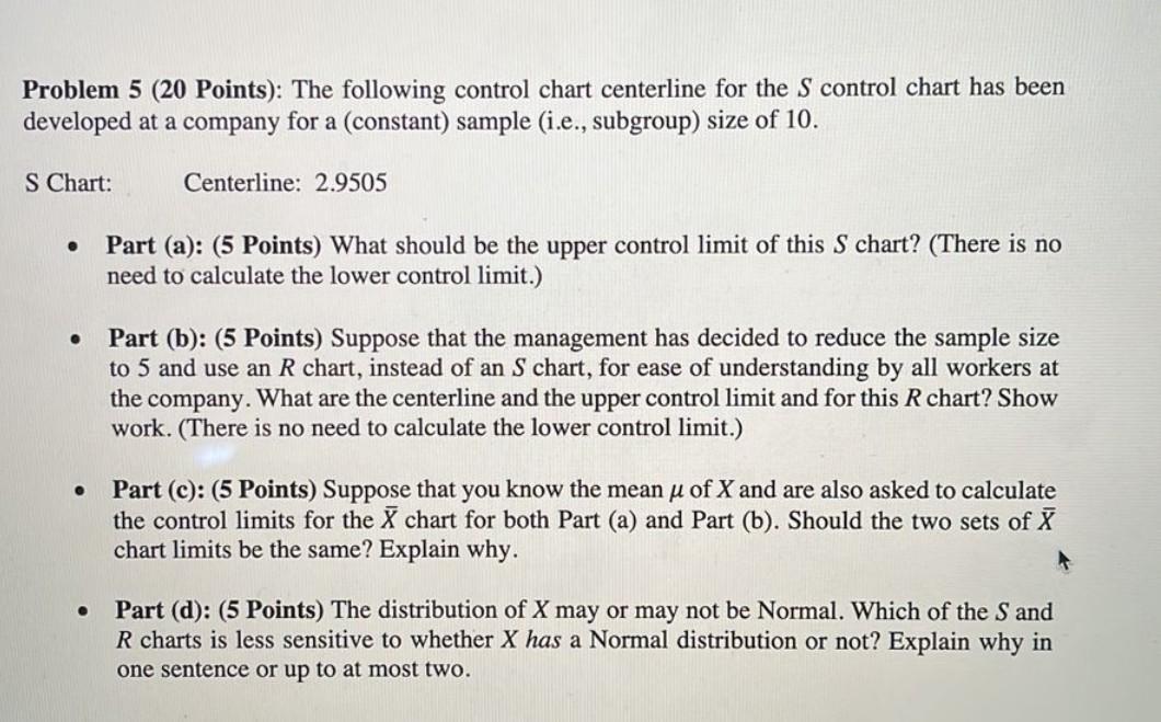 Solved Problem 5 (20 Points): The following control chart | Chegg.com