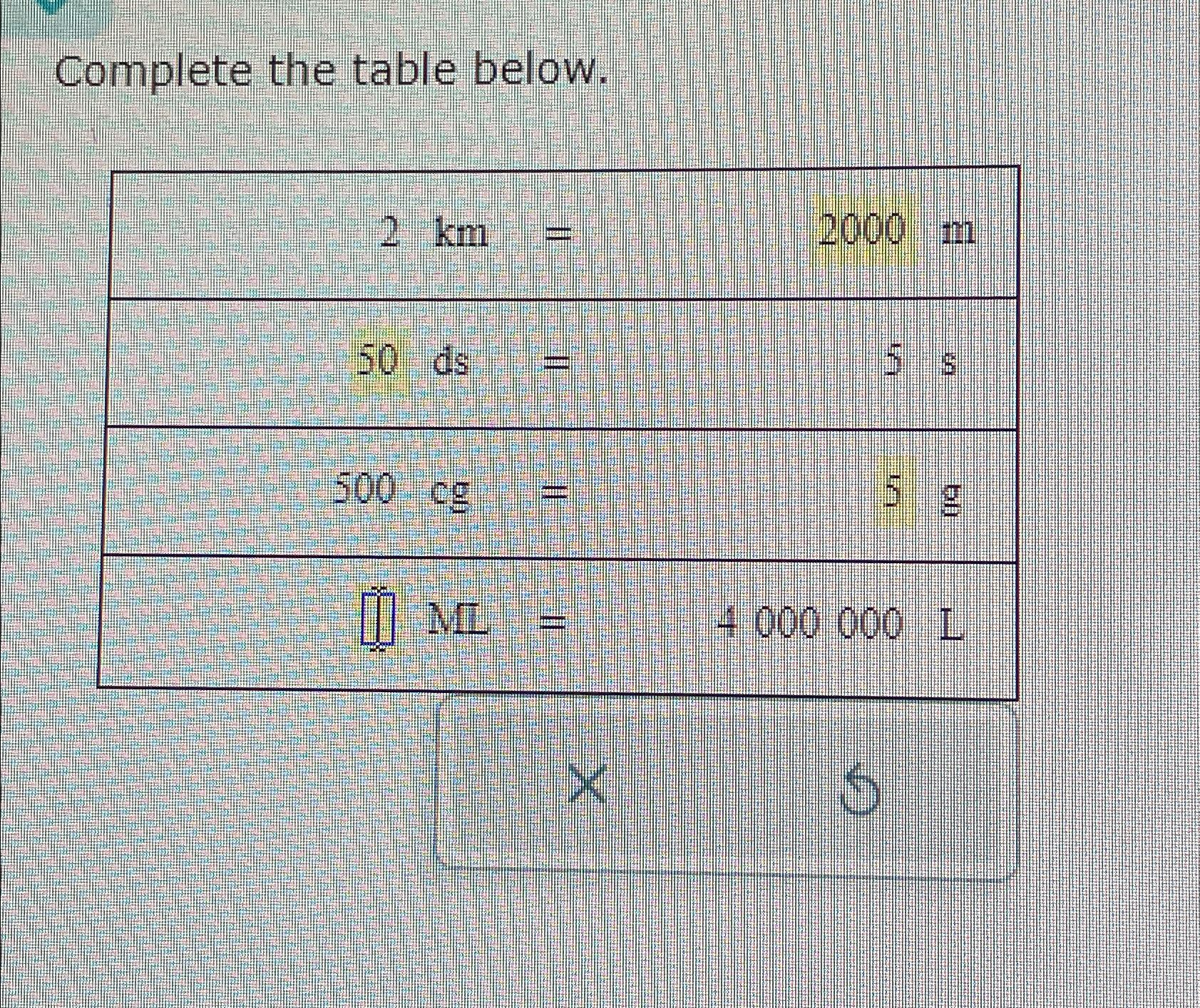 Solved Complete the table below.\table[[2km=,2000m | Chegg.com