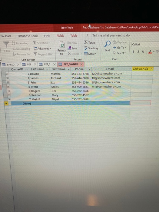 Solved Table Tools PetDatabase (1) Database Find External