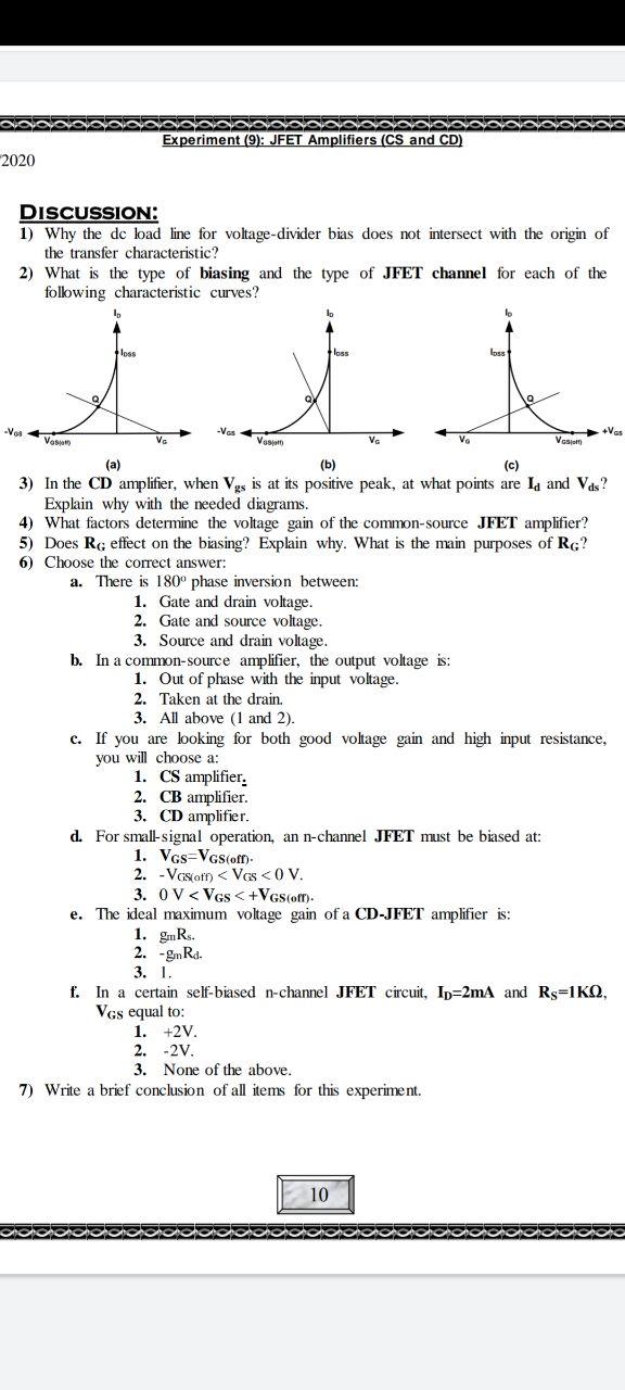 Solved Experiment (9) JFET Amplifiers (CS and CD) 2020