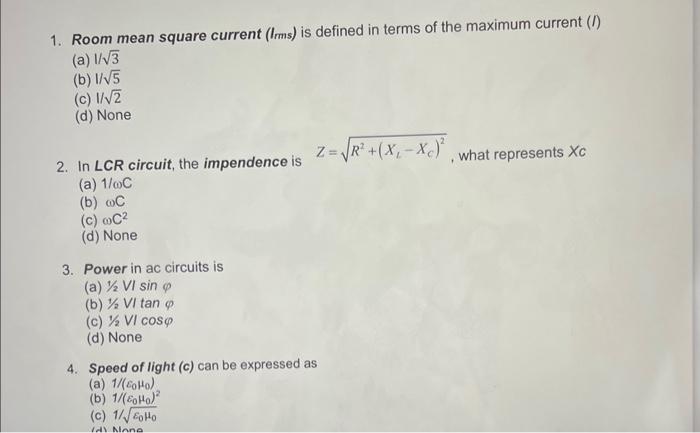 Solved 1. Room mean square current (Ims) is defined in terms | Chegg.com