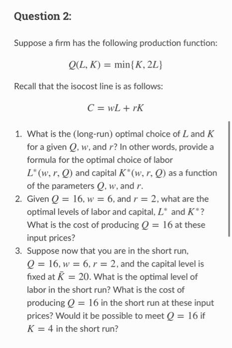 Solved Suppose a firm has the following production function: | Chegg.com