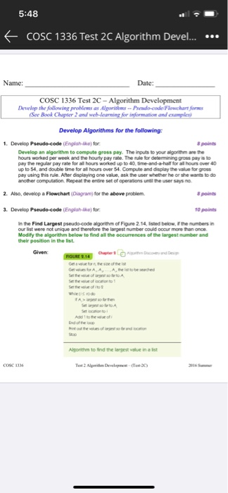 Solved Name: Date: COSC 1336 Test 2C - Algorithm Development | Chegg.com