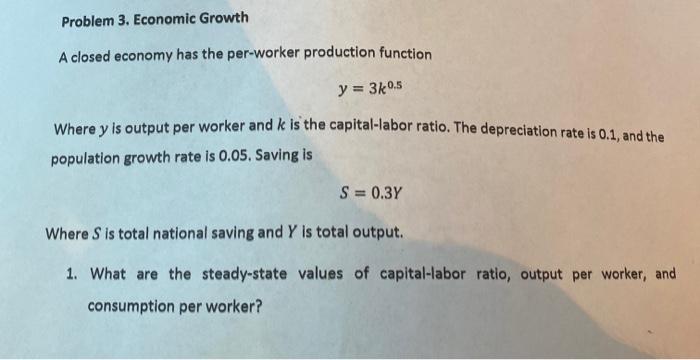 Solved Problem 3. Economic Growth A closed economy has the | Chegg.com