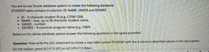 Solved You are to use Oracle database system to create the | Chegg.com