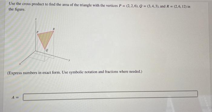 Solved Use the cross product to find the area of the | Chegg.com