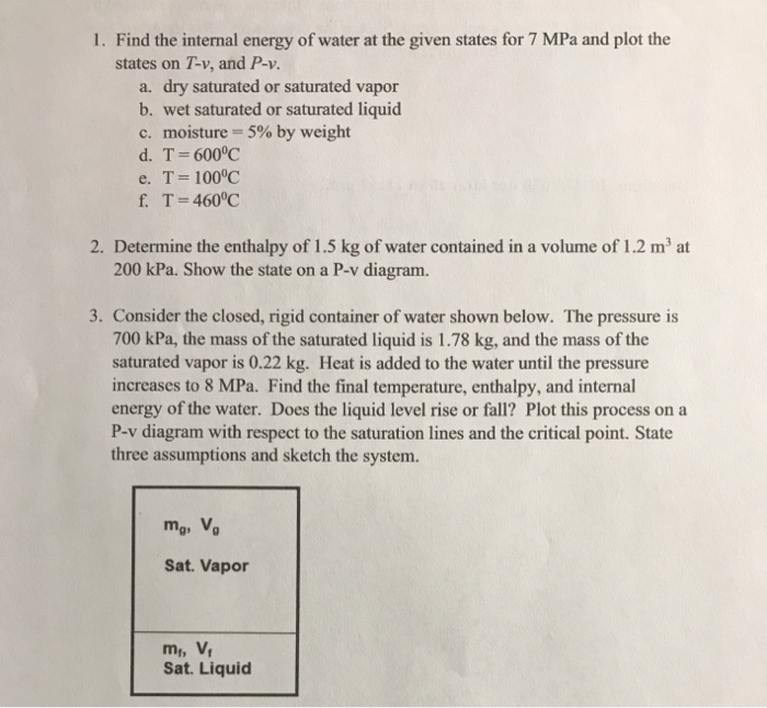 Solved 1. Find the internal energy of water at the given